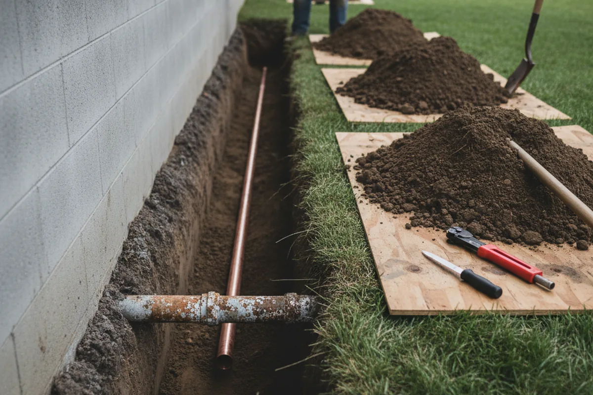 Excavated water line trench during Water Softener Installation in Lynwood